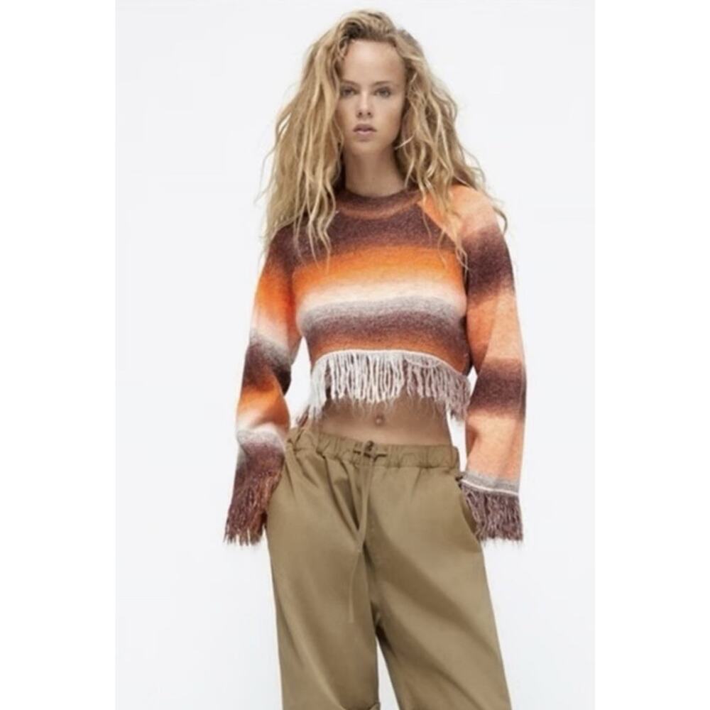 Zara Fringe Crop Sweater Stripe Bohemian Knit NWT SZ. Medium